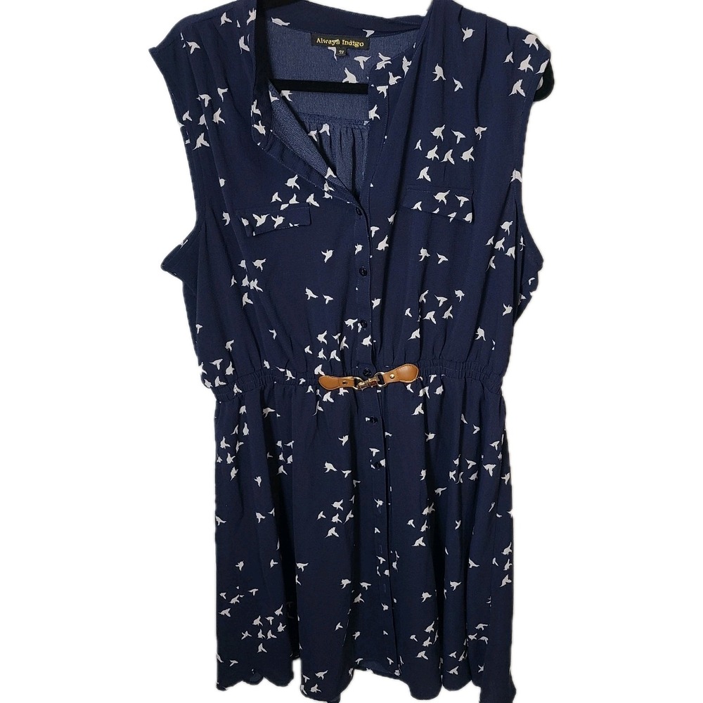 Always Indigo‎ Women's Plus Size 3X  Navy Blue/White Summer Dress With Birds